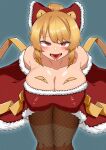  1girl absurdres alternate_costume bangs blonde_hair blue_background blush bow breasts brown_pantyhose christmas cleavage commentary_request dress fangs feet_out_of_frame fishnet_pantyhose fishnets forked_tongue fur-trimmed_bow fur-trimmed_dress fur_trim hair_bow hair_bun highres kurodani_yamame large_breasts leaning_forward looking_at_viewer medium_hair open_mouth pantyhose red_bow red_dress red_eyes rinyamame smile solo strapless strapless_dress tongue tongue_out touhou 