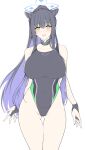  1girl animal_ears ass_visible_through_thighs bangs bare_shoulders black_hair black_one-piece_swimsuit blue_archive breasts bridal_gauntlets collarbone covered_navel detached_collar flat_color green_eyes halcon halo highleg highleg_swimsuit highres large_breasts long_hair looking_at_viewer one-piece_swimsuit open_mouth ponytail shun_(blue_archive) sidelocks smile solo swimsuit thigh_strap thighs tiger_ears very_long_hair 