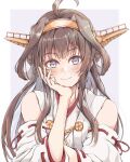  1girl ahoge bare_shoulders blush brown_hair closed_mouth commentary_request dairyo3 detached_sleeves double_bun fingernails hair_bun hand_on_own_cheek hand_on_own_face highres japanese_clothes kantai_collection kongou_(kancolle) kongou_kai_ni_(kancolle) long_hair looking_at_viewer nontraditional_miko purple_eyes ribbon-trimmed_sleeves ribbon_trim sidelocks smile solo upper_body white_sleeves wide_sleeves 