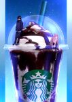  1boy 1girl absurdres black_hair black_pants brown_footwear chromatic_aberration drinking_straw food_focus glasses hand_in_pocket highres light_particles nail_polish pants pink_hair pink_sweater ponytail red_nails scarf short_hair starbucks sweater temnama 