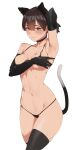  1girl absurdres animal_ears arm_up armpits bikini black_gloves black_thighhighs blush breasts brown_hair cat_ears cat_tail contrapposto elbow_gloves fake_animal_ears gloves highres mole mole_under_eye navel original pen_guin15 short_hair simple_background skindentation solo spread_armpit swimsuit tail thighhighs white_background 