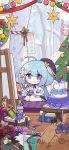  1girl :o absurdres ahoge bangs black_headwear cake chibi christmas_tree english_text food gift griseo hat highres honkai_(series) honkai_impact_3rd looking_at_viewer official_art official_wallpaper paint sitting snow solo star_(symbol) 