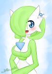  2022 absurd_res accessory auria_(friita) big_breasts blue_background blue_eyes blush breasts cleavage clothed clothing female friita gardevoir generation_3_pokemon green_hair hair hair_accessory hair_over_eye half-length_portrait happy hi_res humanoid looking_at_viewer nintendo not_furry one_eye_obstructed open_mouth pokemon pokemon_(species) portrait signature simple_background solo 