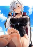  1girl alternate_costume barefoot black_jacket black_nails black_one-piece_swimsuit blue_sky breasts brown_eyes cloud competition_swimsuit dark-skinned_female dark_skin eyewear_on_head grey_hair hair_between_eyes head_tilt highleg highleg_swimsuit highres jacket kantai_collection large_breasts long_hair long_sleeves looking_at_viewer multicolored_clothes multicolored_jacket musashi_(kancolle) one-piece_swimsuit open_clothes open_jacket outstretched_legs parted_lips playing_with_own_hair sitting sky sleeves_past_wrists soles solo swimsuit toes wet wet_clothes wet_swimsuit whistle whistle_around_neck white_jacket yunamaro 