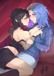  2girls after_kiss alternate_costume black_hair black_shirt black_shorts blue_eyes blue_hair blush breast_press breasts closed_eyes eyewear_removed from_side highres hood hoodie houjuu_nue iris_ffxiv kumoi_ichirin large_breasts long_hair looking_at_another lying_on_person medium_hair midriff multiple_girls off_shoulder open_clothes open_hoodie open_mouth saliva saliva_trail shirt shorts sideboob symmetrical_docking touhou unzipped yuri 