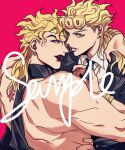  2boys after_kiss alternate_costume back birthmark black_lips black_nails blue_eyes blue_necktie bracelet commentary dio_brando earrings fangs father_and_son fingernails formal giorno_giovanna headband highres incest jacket jewelry joestar_birthmark jojo_no_kimyou_na_bouken lipstick lipstick_mark long_hair looking_at_viewer makeup male_focus multiple_boys muscular muscular_male necktie necktie_grab neckwear_grab red_background red_eyes shenshan_laolin shirt short_hair simple_background size_difference smeared_lipstick symbol-only_commentary tongue vento_aureo white_shirt yaoi 