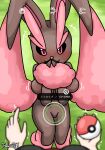  2023 anthro arm_tuft big_breasts black_sclera blush breast_squish breasts brown_body brown_fur camera_view covering covering_mouth duo featureless_crotch female friita fur generation_4_pokemon hi_res human looking_at_viewer lopunny mammal motion_lines nintendo pink_body pink_fur pokeball pokemon pokemon_(species) pokemon_go pokemon_trainer pubic_mound red_eyes shiny_pokemon signature smile squish tuft wrist_tuft 