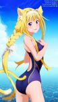  1girl :d alice_zuberg animal_ear_fluff animal_ears bare_arms blonde_hair blue_eyes cat_ears cat_girl cat_tail competition_swimsuit cowboy_shot day deviantart_logo deviantart_username facebook_logo facebook_username floating_hair hairband highres long_hair looking_at_viewer ocean one-piece_swimsuit open_mouth outdoors pixiv_logo pixiv_username purple_one-piece_swimsuit shugo19 signature smile solo standing swimsuit sword_art_online tail twitter_logo twitter_username very_long_hair watermark white_hairband 