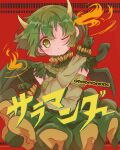  1girl absurdres alternate_costume blush draco_centauros dragon_girl dragon_horns dragon_tail dragon_wings fire futaba969649 gloves green_eyes green_gloves green_hair green_tail green_wings highres horns one_eye_closed puyopuyo salamander_(vocaloid) short_hair tail wings 