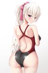  1girl absurdres ahoge akizuki_kanna ass back bangs black_one-piece_swimsuit cafe_stella_to_shinigami_no_chou cameltoe closed_mouth commentary competition_swimsuit crossed_bangs eyes_visible_through_hair from_behind frown hair_ribbon highres long_hair looking_at_viewer looking_back ncontrail_(mgax7527) one-piece_swimsuit pink_ribbon ponytail purple_eyes revision ribbon shiny_skin shoulder_blades sidelocks simple_background solo standing swimsuit taut_clothes taut_swimsuit very_long_hair wet white_background white_hair 