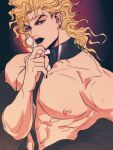  1boy abs alternate_costume black_lips black_nails blonde_hair collarbone commentary dio_brando earrings hand_on_own_chin highres jewelry jojo_no_kimyou_na_bouken large_pectorals lipstick long_hair makeup male_focus mole mole_on_ear muscular muscular_male nipples parted_lips pectorals red_eyes shenshan_laolin solo stardust_crusaders stroking_own_chin thinking 