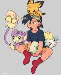  1boy :o absurdres aipom backwards_hat bangs baseball_cap black_hair black_shirt collarbone commentary_request dated egg ethan_(pokemon) goggles goggles_on_headwear grey_background hair_between_eyes hat highres holding holding_egg male_focus ok_ko19 on_head pichu pokemon pokemon_(creature) pokemon_adventures pokemon_egg pokemon_on_head red_socks shirt short_hair short_sleeves shorts simple_background socks t-shirt togepi yellow_shorts 