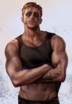  1boy absurdres arm_tattoo bara black_pants black_tank_top blonde_hair brown_eyes call_of_duty call_of_duty:_modern_warfare_2 closed_mouth crossed_arms facepaint facial_hair ghost_(modern_warfare_2) highres large_pectorals male_focus muscular muscular_male navel pants pectorals sasha_shkret short_hair solo tank_top tattoo 