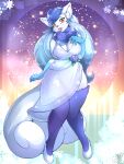  2023 5_fingers alolan_form alolan_vulpix anthro arctic_fox big_butt big_tail blue_clothing blue_dress blue_flower blue_hair blue_hands blue_legs breasts butt canid canine cheek_tuft cleavage clothed clothing detailed_background digital_media_(artwork) dipstick_arms dress facial_tuft female fingers flower fluffy fluffy_tail footwear fox fur glistening glistening_clothing glistening_dress glistening_hair gloves_(marking) hair hand_on_breast hi_res leonkatlovre long_hair looking_at_viewer mammal markings nintendo plant pokemon pokemon_(species) red_eyes regional_form_(pokemon) shoes signature smile smiling_at_viewer solo sparkling_background tail thick_thighs tuft white_body white_clothing white_footwear white_fur white_shoes wide_hips 