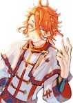  1boy braid chain earrings fire_emblem fire_emblem_engage gold_chain hair_over_eyes highres jewelry liondance_0220 looking_at_viewer medium_hair orange_hair pandreo_(fire_emblem) priest robe single_braid single_earring solo v white_background white_robe yellow_eyes 