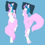  absurd_res anthro bed blue_hair breasts butt canid canine dakimakura_design female fox furniture genitals hair hi_res horn lying lying_on_bed mammal on_bed pink_hair presenting presenting_hindquarters presenting_pussy pussy solo spread_pussy spreading unicorn_horn zariel_darkangel 