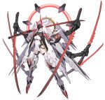  1girl armored_boots armored_gloves artery_gear artery_gear:_fusion artist_request boots breasts cleavage colored_skin dress extra_arms fang halo highres holding holding_sword holding_weapon horns katana long_hair mask mechanical_arms mechanical_halo official_art red_eyes red_halo shura_(artery_gear) sword transparent_background weapon white_dress white_hair white_skin 