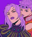  2boys alternate_color alternate_costume commentary dio_brando father_and_son giorno_giovanna highres jacket jojo_no_kimyou_na_bouken lips lipstick long_hair looking_at_viewer makeup male_focus mole mole_on_ear multiple_boys official_alternate_costume purple_background purple_eyes purple_hair purple_lips purple_theme shenshan_laolin simple_background stardust_crusaders symbol-only_commentary upper_body vento_aureo 