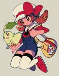  1girl blue_overalls blush bow brown_eyes brown_hair cabbie_hat chikorita closed_mouth commentary_request grey_background hat hat_bow highres holding_strap long_hair looking_down lyra_(pokemon) ok_ko19 overalls pokegear pokemon pokemon_(game) pokemon_hgss red_bow red_footwear red_shirt shirt shoes sleeves_past_elbows smile thighhighs twintails white_headwear yellow_bag 