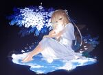  1girl absurdres barefoot blonde_hair blue_eyes closed_mouth dress feet full_body hair_ribbon hairband highres ia_(ias1010) long_hair original rei_no_himo ribbon see-through_silhouette short_sleeves sitting smile solo toenails toes white_dress white_hairband white_ribbon 