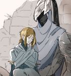  1boy 1girl armor artorias_the_abysswalker artorius_collbrande blonde_hair cape closed_eyes dark_souls_(series) dark_souls_i full_armor helmet highres knight lord&#039;s_blade_ciaran mask mask_removed torn_cape torn_clothes 