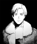  1boy absurdres commentary frown greyscale highres jacket leon_s._kennedy male_focus monochrome portrait resident_evil resident_evil_4 serious solo turtleneck xyanaid 