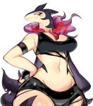  1girl armlet bare_shoulders black_hair black_shorts breasts closed_mouth ear_piercing fire furry furry_female hand_on_hip highres hisuian_typhlosion large_breasts looking_ahead micro_shorts navel piercing pokemon pokemon_(creature) red_eyes shorts simple_background solo standing thick_thighs thighs usa37107692 white_background 