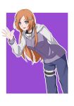  1girl :d arm_behind_back bangs bleach border brown_hair cosplay gangbi2 grey_sleeves hair_ornament highres hood hooded_jacket hyuuga_hinata hyuuga_hinata_(cosplay) inoue_orihime jacket leaning_forward long_hair long_sleeves looking_at_viewer naruto_(series) naruto_shippuuden open_mouth outline outside_border pants parted_bangs purple_background purple_eyes purple_jacket purple_pants smile solo standing very_long_hair white_border 