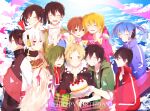  ! 5girls 6+boys :t age_difference amamiya_hibiya apron arrow_(symbol) arrow_print bad_id bad_pixiv_id bangs birthday_cake birthday_party black_eyes black_hair black_hoodie black_ribbon black_shirt blonde_hair blue_dress blue_hair blue_jacket blue_shirt blue_sky blunt_bangs blush box brown_eyes brown_hair brown_shirt buckle bunting cake cardigan casual character_name closed_eyes closed_mouth cloud cloudy_sky collared_shirt commentary cream cross-laced_clothes dark_konoha dated day decorations dot_nose drawing drawstring dress eating ene_(kagerou_project) english_text enomoto_takane facial_mark facing_another facing_to_the_side facing_viewer floral_bow food framed frilled_apron frills fringe_trim fruit gift gift_box green_cardigan green_hair green_jumpsuit grey_hoodie hair_between_eyes hair_ornament hair_over_one_eye hair_ribbon hair_scrunchie hairband hairclip happy happy_birthday holding holding_food hood hood_down hoodie jacket jumpsuit kagerou_project kano_shuuya kido_tsubomi kisaragi_momo kisaragi_shintarou kokonose_haruka konoha_(kagerou_project) kozakura_marry long_bangs long_hair long_sleeves looking_at_food looking_away looking_to_the_side mekakucity_actors motakichi_(souka_0605) multiple_boys multiple_girls neck_warmer one_side_up open_clothes open_jacket open_mouth orange_hair parted_lips pink_eyes pink_hairband pink_hoodie pink_ribbon polka_dot popped_collar red_hoodie red_jacket red_scarf ribbon scarf school_uniform scrunchie seto_kousuke shirt short_hair short_ponytail short_sleeves side-by-side side_ponytail sketch sketchbook skewer sky sleeveless sleeveless_hoodie sleeves_past_elbows sleeves_rolled_up smile strawberry striped striped_jacket t-shirt teeth track_jacket triangle twintails two-tone_hoodie upper_body upper_teeth_only wavy_hair white_apron white_hair white_hoodie white_shirt wide-eyed yellow_eyes zipper zipper_pull_tab 
