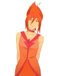  1girl absurdres adventure_time arms_behind_back chainsaw_man colored_skin commentary cosplay dress flame_princess flame_princess_(cosplay) hair_between_eyes highres orange_dress orange_hair orange_skin reze_(chainsaw_man) smile solo xyanaid 