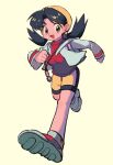  1girl :d bike_shorts black_hair clenched_hands commentary_request cropped_jacket earrings eyelashes flipped_hair full_body happy hat highres jacket jewelry kris_(pokemon) leg_up long_hair long_sleeves ok_ko19 open_clothes open_jacket open_mouth pokemon pokemon_adventures red_shirt running shirt shoes smile solo star_(symbol) star_earrings twintails white_jacket yellow_headwear 