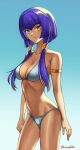  1girl armlet artist_name bikini blue_background blue_eyes breasts candace_(genshin_impact) cleavage closed_mouth collarbone cowboy_shot genshin_impact gradient_background grey_bikini halterneck heterochromia highres long_hair low_twintails medium_breasts narrow_waist navel purple_hair shinsaku_(stan-art) smile solo standing swimsuit twintails yellow_eyes 