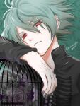  1boy aqua_background aqua_hair birdcage black_nails black_shirt cage closed_mouth collar_x_malice ear_piercing highres long_sleeves looking_at_viewer male_focus mero-yoruyami okazaki_kei piercing red_eyes shirt short_hair solo unhappy 