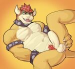  anthro anus armband balls belly_scales bowser bracelet collar erection fangs foreskin genitals hair hi_res horn humanoid_genitalia humanoid_penis jewelry jrjresq koopa lying male mario_bros muscular muscular_male nintendo on_back open_mouth penis pubes red_hair scales scalie solo spiked_armband spiked_bracelet spiked_collar spikes teeth yellow_body yellow_scales 