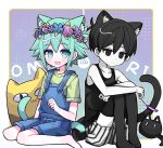  2boys animal_ears barefoot basil_(omori) black_eyes black_hair black_thighhighs blue_overalls blush cat cat_boy cat_ears cat_tail cat_teaser closed_mouth collarbone colored_skin copyright_name expressionless extra_ears flower green_eyes green_hair head_wreath highres looking_at_viewer looking_away mewo multiple_boys omori omori_(omori) open_mouth overall_shorts overalls shio_0585 shirt short_hair short_sleeves sitting smile tail tank_top thighhighs wariza white_skin yellow_shirt 
