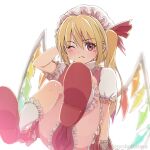  1girl arm_behind_head arm_up ass bangs blonde_hair bloom blurry blurry_background blush breasts crystal depth_of_field flandre_scarlet frown hair_between_eyes hat leaning_back legs_up looking_at_viewer medium_breasts mob_cap one_eye_closed one_side_up puffy_sleeves red_eyes red_footwear shiroi_karasu shoes short_sleeves simple_background skirt solo touhou twitter_username white_background wings 