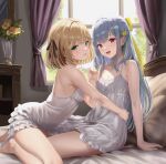  2girls anisphia_wynn_palettia backless_dress backless_outfit barefoot black_ribbon blonde_hair dress euphyllia_magenta flower fluno green_eyes grey_hair hair_ribbon hand_on_another&#039;s_hip highres lingerie long_hair looking_at_viewer multiple_girls negligee on_bed pillow purple_eyes ribbon short_hair sundress tensei_oujo_to_tensai_reijou_no_mahou_kakumei underwear white_dress window yellow_ribbon yuri 