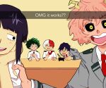  2girls 3boys arlin_potato ashido_mina bangs black_eyes black_hair black_sclera blazer boku_no_hero_academia bowl burn_scar chopsticks collared_shirt colored_sclera colored_skin commentary english_commentary english_text freckles glasses green_eyes green_hair grey_jacket hand_on_another&#039;s_shoulder head_rest holding holding_bowl holding_chopsticks horns iida_tenya jacket jirou_kyouka long_sleeves looking_at_another looking_at_viewer midoriya_izuku multicolored_hair multiple_boys multiple_girls necktie open_mouth pink_hair pink_skin red_hair red_necktie scar scar_on_face school_uniform shirt short_hair short_sleeves smile snapchat split-color_hair todoroki_shouto two-tone_hair u.a._school_uniform white_hair white_shirt yellow_eyes yellow_horns 