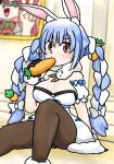  2023 animal_humanoid big_breasts blue_hair blush blush_lines braided_pigtails breasts carrot carrot_in_mouth circle_eyebrows cleavage clothed clothing discovered eyebrows female food friita hair hi_res hololive houshou_marine humanoid lagomorph lagomorph_humanoid leporid_humanoid looking_at_viewer mammal mammal_humanoid not_furry orange_eyes plant portrait_(object) rabbit_ears rabbit_humanoid sitting sitting_on_ground solo sucking suggestive usada_pekora vegetable virtual_youtuber vtuber 
