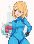  1girl alternate_hair_length alternate_hairstyle blonde_hair blue_bodysuit blue_eyes bodysuit cowboy_shot cremanata frown hand_on_hip highres lips looking_to_the_side medium_hair metroid metroid_(creature) mole mole_under_mouth narrow_waist samus_aran short_hair simple_background thick_thighs thighs zero_suit 