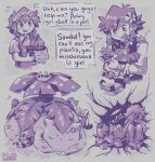  1boy basil_(omori) blush bulbasaur character_request english_text flower hair_flower hair_ornament head_wreath highres ivysaur monochrome nattseiya omori open_mouth pokemon pokemon_(creature) sandile short_hair smile something_(omori) speech_bubble spoilers sweatdrop venusaur 