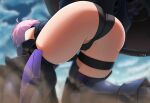  1girl absurdres ahoge ass ass_focus black_leotard blurry blurry_background boots fate/grand_order fate_(series) from_behind from_below gloves hammerofsolace highres holding holding_shield leotard mash_kyrielight outdoors pink_hair purple_gloves shield short_hair skindentation solo thigh_boots thigh_strap 