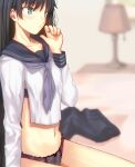  1girl black_hair black_panties blue_eyes blush highres iro_(sekaixiro) lamp long_hair long_sleeves navel panties school_uniform skirt skirt_removed solo tohno_akiha tsukihime underwear 