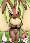  2023 anthro arm_tuft big_breasts black_sclera blush breast_squish breasts brown_body brown_fur camera_view covering covering_mouth duo featureless_crotch female friita fur generation_4_pokemon hi_res human looking_at_viewer lopunny mammal motion_lines nintendo pokeball pokemon pokemon_(species) pokemon_go pokemon_trainer pubic_mound red_eyes signature smile squish tan_body tan_fur tuft wrist_tuft 