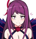  1girl bare_shoulders breasts brooch english_commentary fire_emblem fire_emblem_engage flower flower_brooch hair_ornament highres ivy_(fire_emblem) jewelry large_breasts long_hair looking_at_viewer mole mole_under_mouth purple_eyes purple_hair red_flower red_rose rose tavi_(hosheezus) 