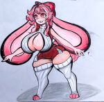  animal_humanoid big_breasts blush breasts buckteeth clothed clothing female footwear hair hi_res huge_breasts humanoid lagomorph leporid mammal pink_hair rabbit sheebibites short_stack socks solo teeth traditional_media_(artwork) vtuber 