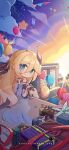  1girl balloon bangs bianka_durandal_ataegina bianka_durandal_ataegina_(palatinus_equinox) blonde_hair blue_eyes cat chibi english_text gift hand_on_animal highres honkai_(series) honkai_impact_3rd looking_at_viewer official_art official_wallpaper pet_food rooftop sitting smile stan_(honkai_impact) sunset 