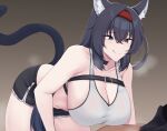 1boy 1girl :q absurdres animal_ears arknights bare_arms bare_shoulders bent_over black_hair black_shorts blue_eyes breasts cat_ears cat_tail commentary crop_top doctor_(arknights) grey_background hair_between_eyes hairband highres kanta_(kanta_077) large_breasts long_hair midriff red_hairband shorts smile tail tank_top thighs tongue tongue_out white_tank_top 