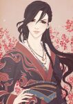  1girl black_hair braid elezen elf final_fantasy final_fantasy_xiv floral_background hair_between_eyes hand_on_hip highres hilda_ware hyur japanese_clothes jewelry kimono lips long_hair necklace onyrica pointy_ears red_eyes smile solo 