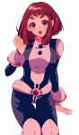  1girl belt boku_no_hero_academia boots breasts brown_eyes brown_hair cameltoe clenched_hand collarbone highres large_breasts looking_at_viewer nail nail_polish open_mouth pink_nails rumic_0620 short_hair simple_background solo tight uraraka_ochako white_background wide_hips 